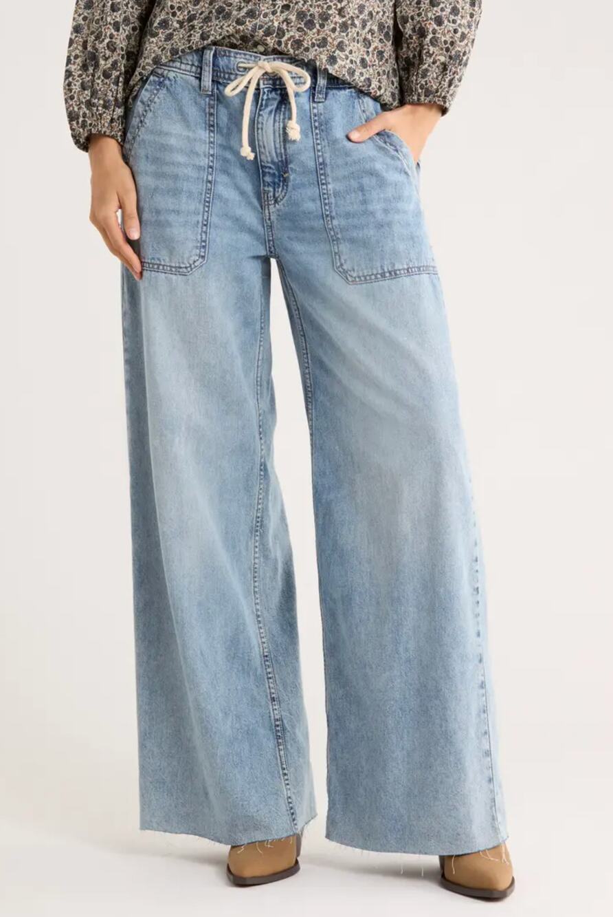 Lucky Brand High Rise Patch Pocket Drawstring Wide Leg Jeans Blue XS
